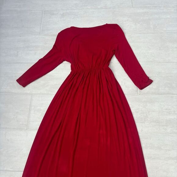 Mother Bee Maternity V-Neck 3/4 Sleeve Ruched Red Expecting Mother Maxi Dress - Picture 5 of 8